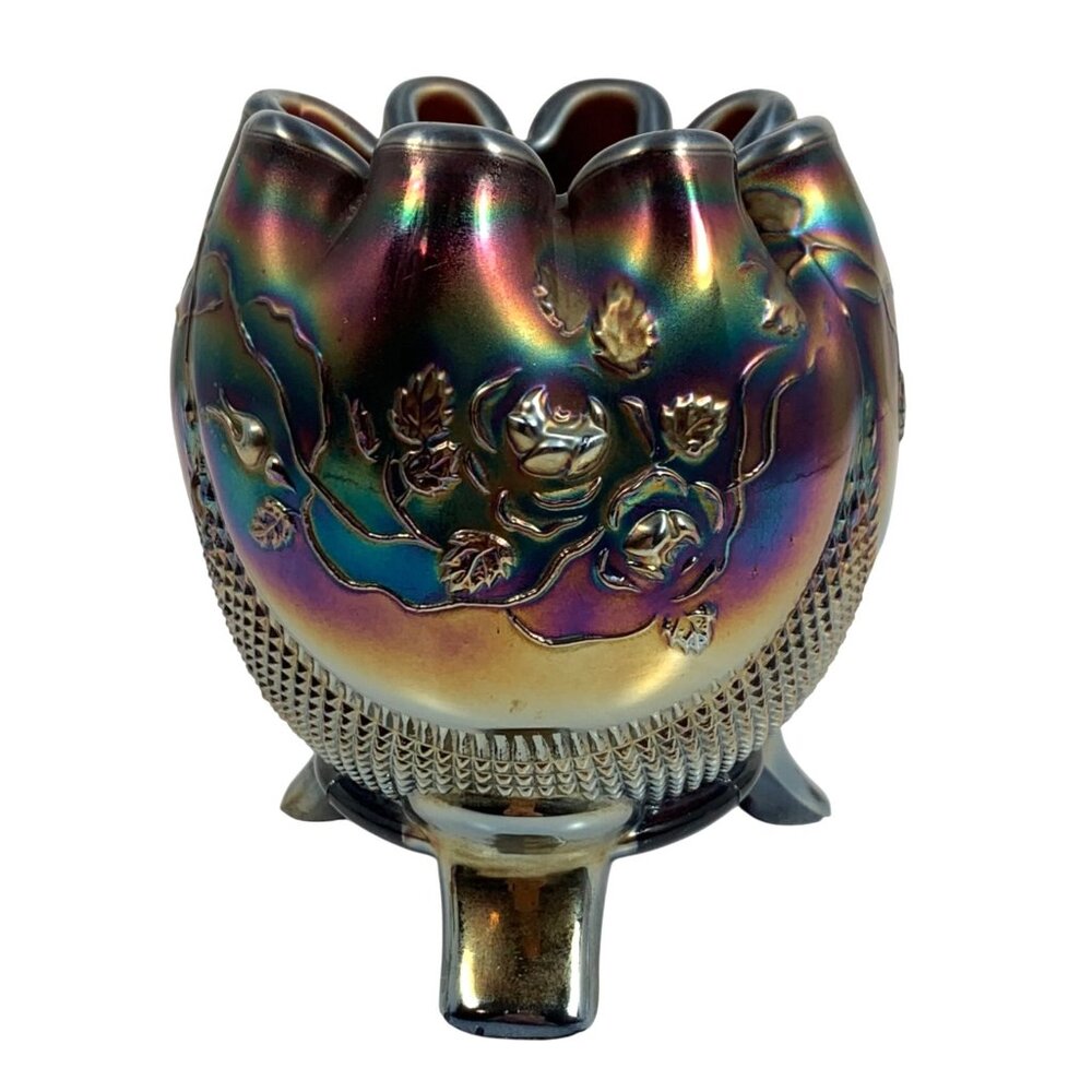 Northwood Rosebowl Fine Cut Roses Crimped Bowl Iridescent Carnival Glass Vase